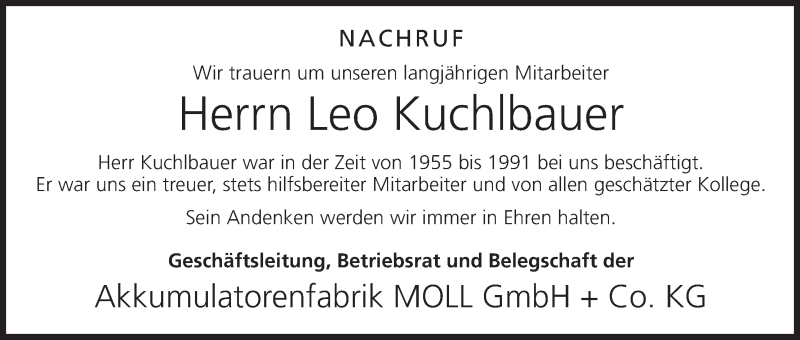  Traueranzeige für Leo Kuchlbauer vom 09.01.2014 aus MGO