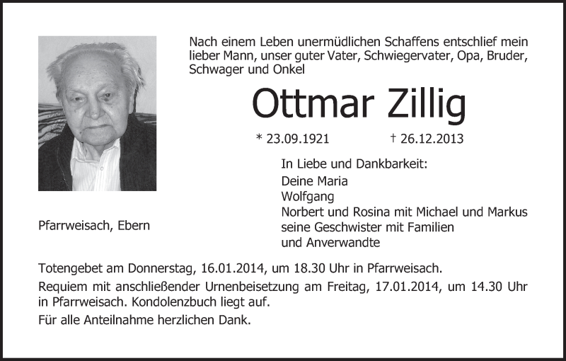  Traueranzeige für Ottmar Zillig vom 15.01.2014 aus MGO