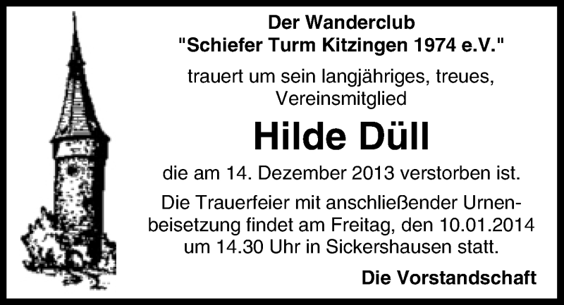  Traueranzeige für Hilde Düll vom 09.01.2014 aus MGO