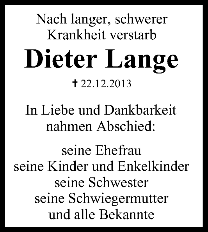  Traueranzeige für Dieter Lange vom 11.01.2014 aus MGO