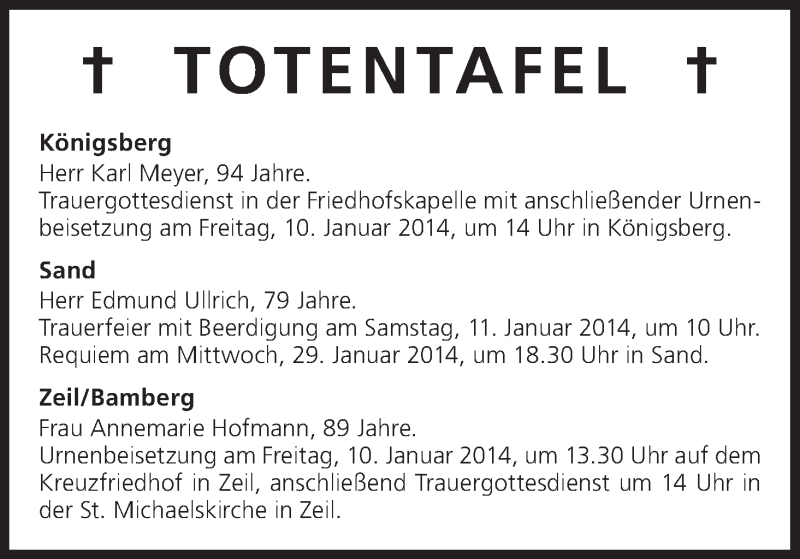  Traueranzeige für Totentafel vom 09.01.2014 vom 09.01.2014 aus MGO