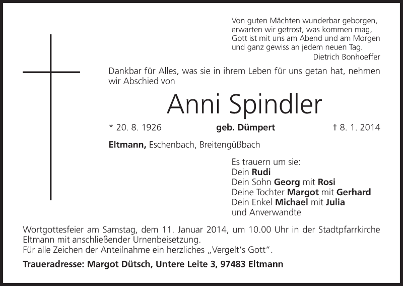  Traueranzeige für Anni Spindler vom 09.01.2014 aus MGO