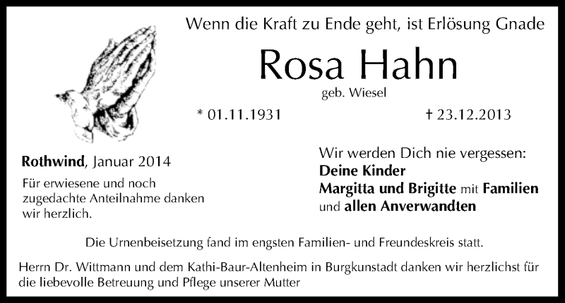  Traueranzeige für Rosa Hahn vom 11.01.2014 aus MGO