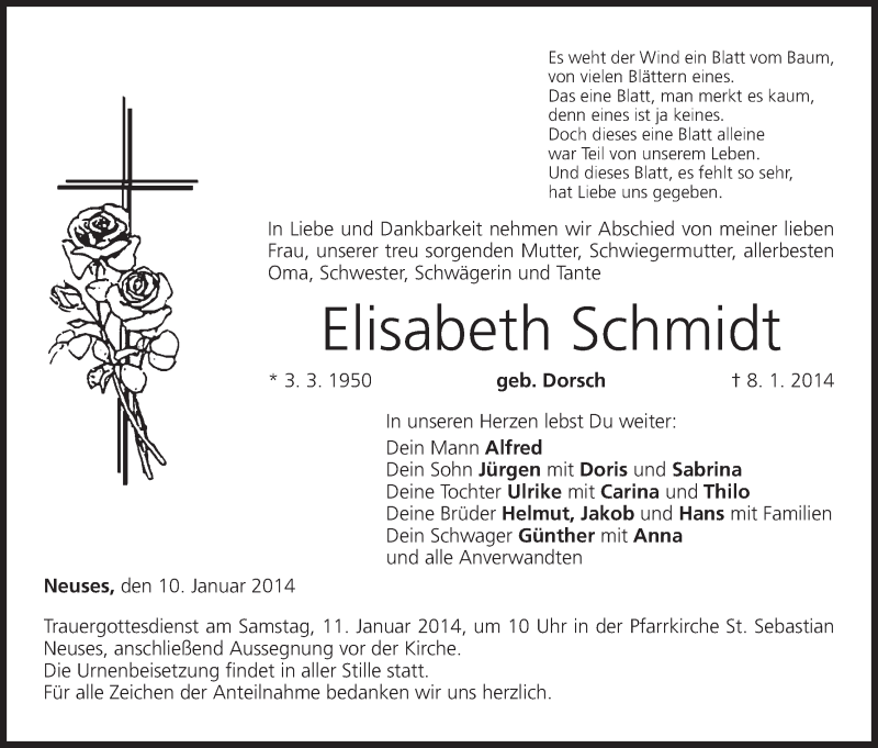  Traueranzeige für Elisabeth Schmidt vom 10.01.2014 aus MGO