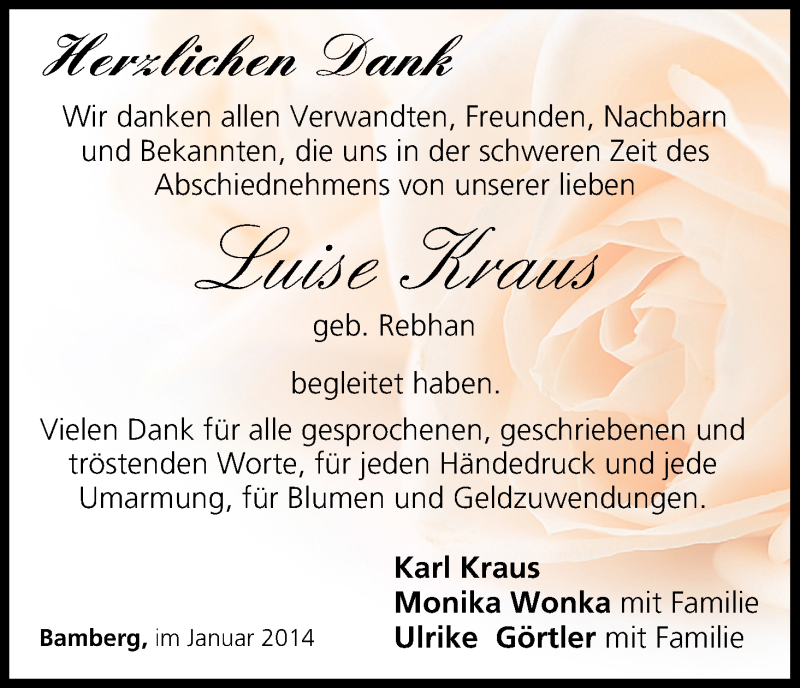  Traueranzeige für Luise Kraus vom 11.01.2014 aus MGO