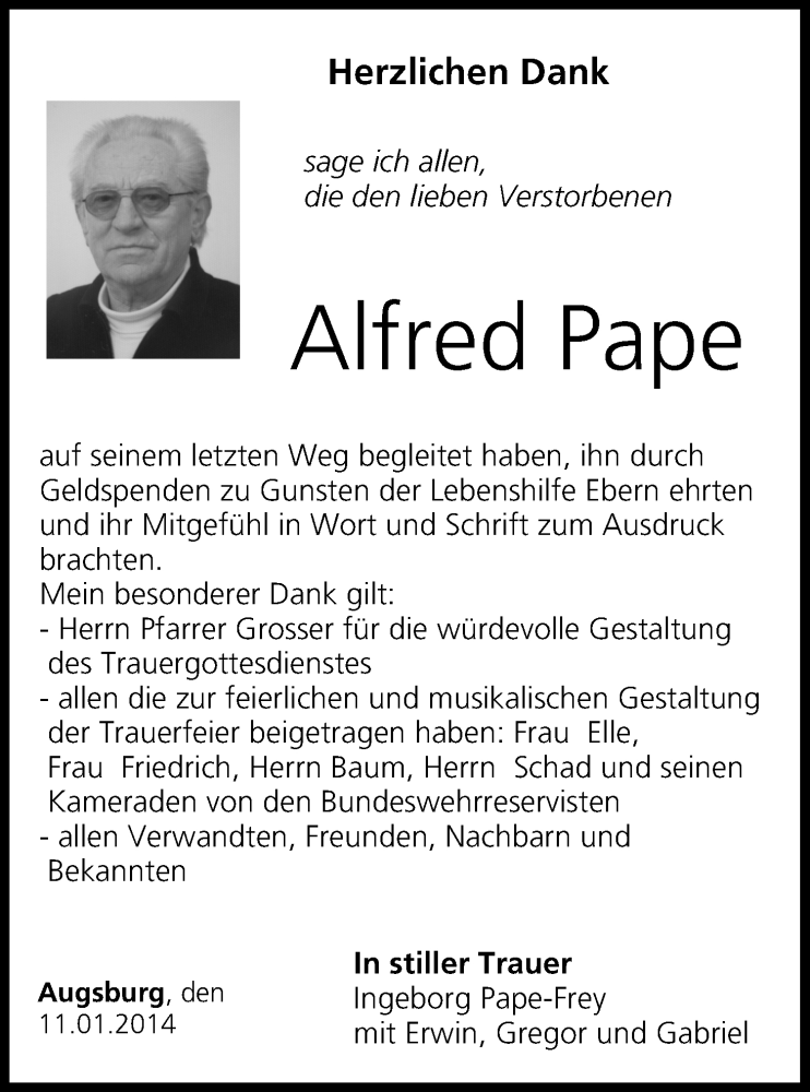  Traueranzeige für Alfred Pape vom 11.01.2014 aus MGO
