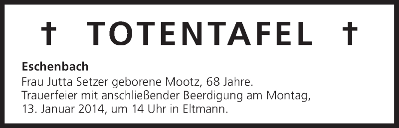  Traueranzeige für Totentafel vom 11.01.2014 vom 11.01.2014 aus MGO