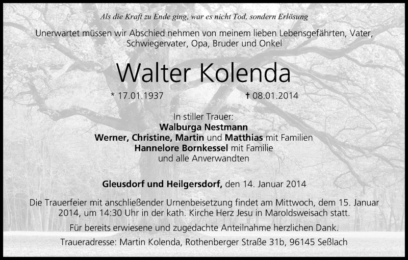  Traueranzeige für Walter Kolenda vom 14.01.2014 aus MGO