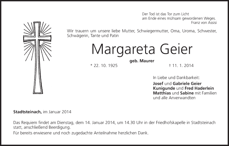  Traueranzeige für Margareta Geier vom 13.01.2014 aus MGO