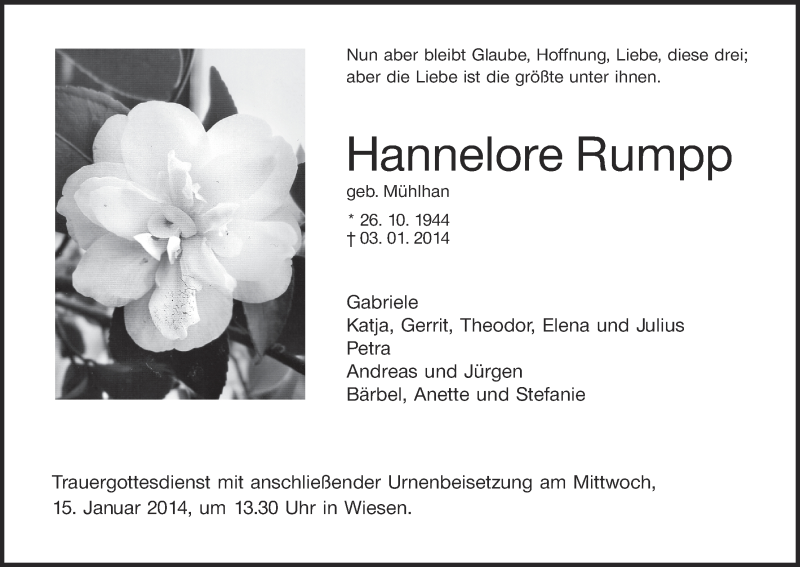  Traueranzeige für Hannelore Rumpp vom 11.01.2014 aus MGO