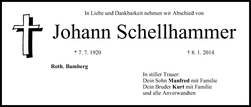  Traueranzeige für Johann Schellhammer vom 11.01.2014 aus MGO