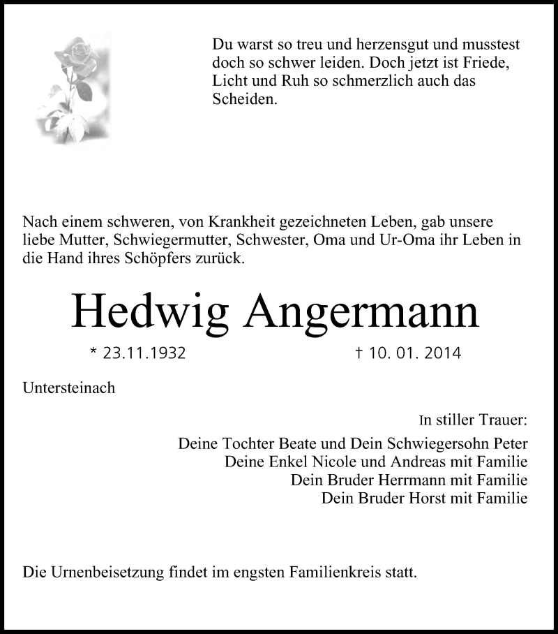  Traueranzeige für Hedwig Angermann vom 13.01.2014 aus MGO
