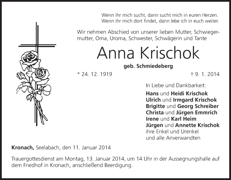  Traueranzeige für Anna Krischok vom 11.01.2014 aus MGO