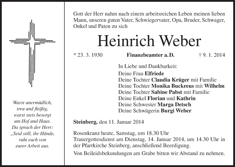 Traueranzeige für Heinrich Weber vom 11.01.2014 aus MGO