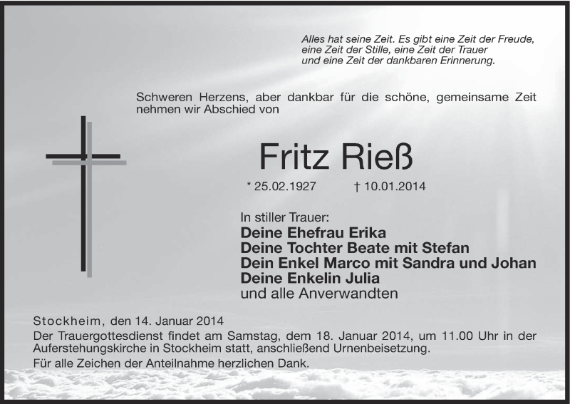  Traueranzeige für Fritz Rieß vom 14.01.2014 aus MGO