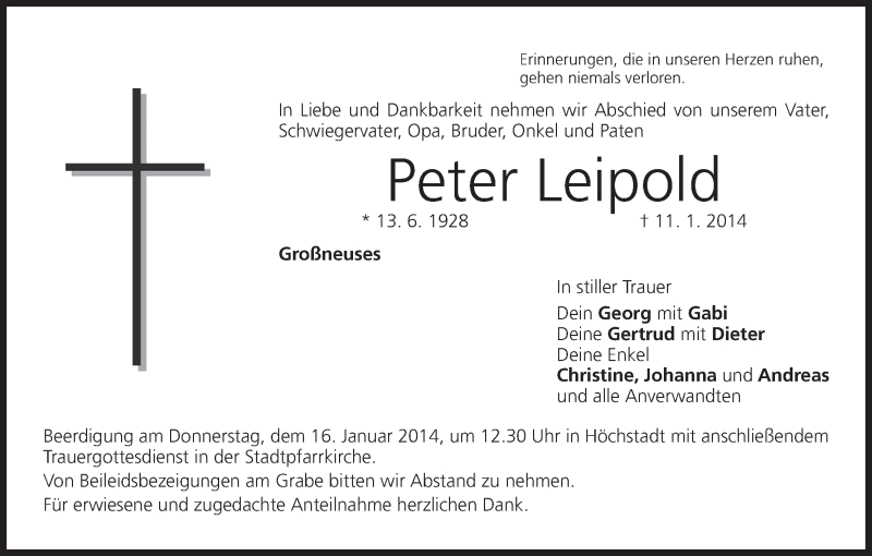  Traueranzeige für Peter Leipold vom 14.01.2014 aus MGO