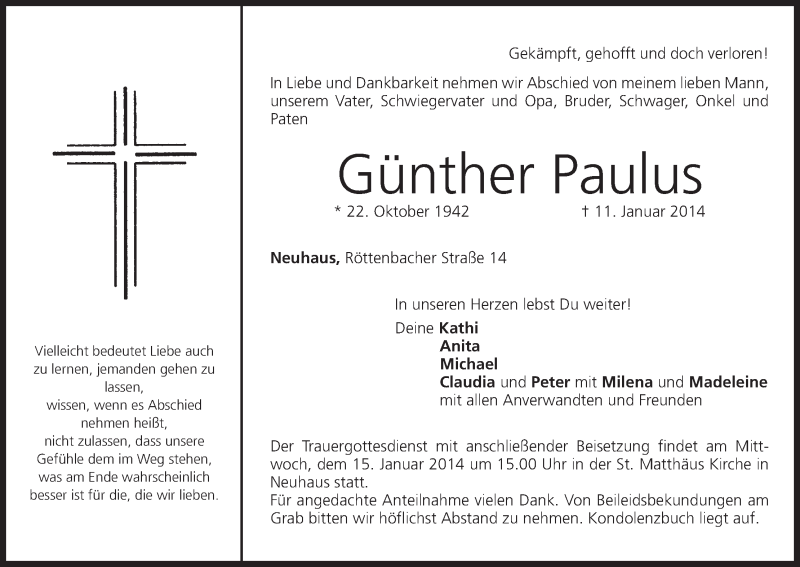  Traueranzeige für Günther Paulus vom 14.01.2014 aus MGO