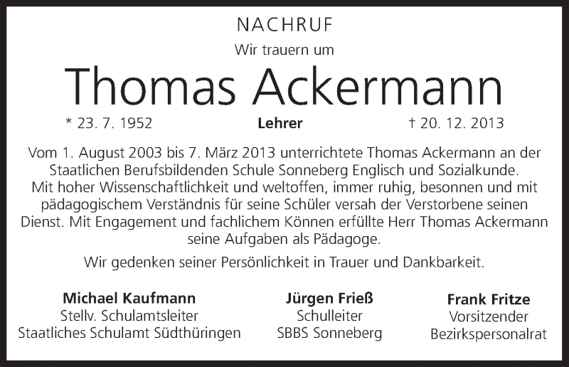  Traueranzeige für Thomas Ackermann vom 14.01.2014 aus MGO