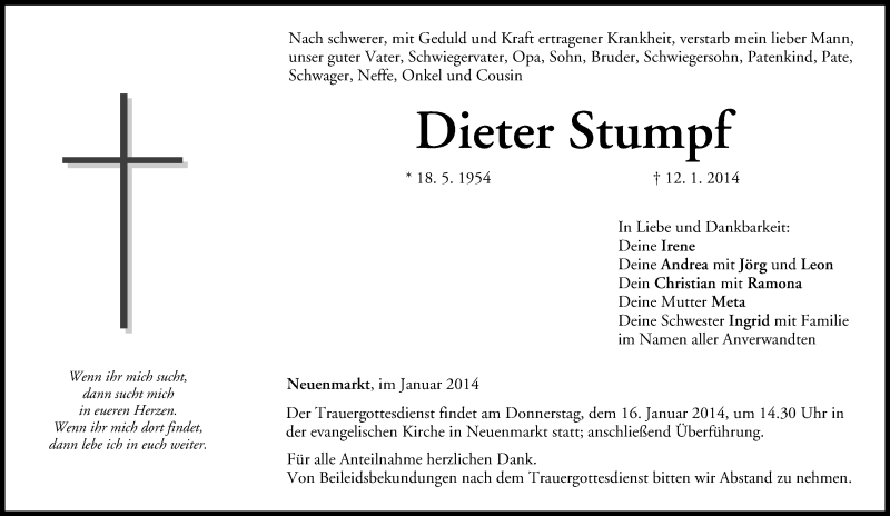 Traueranzeige für Dieter Stumpf vom 14.01.2014 aus MGO