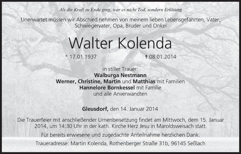  Traueranzeige für Walter Kolenda vom 14.01.2014 aus MGO