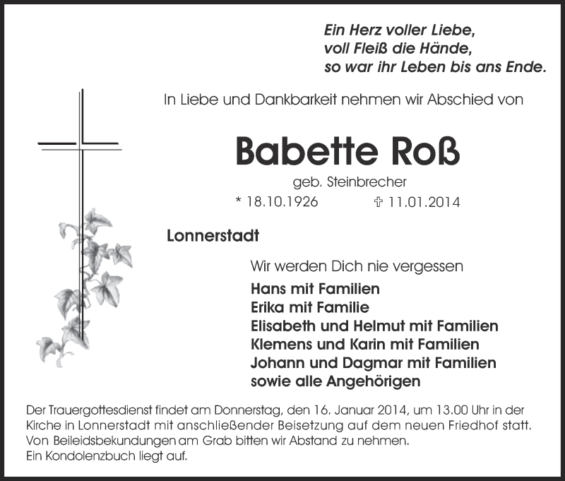  Traueranzeige für Babette Roß vom 14.01.2014 aus MGO