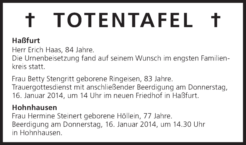  Traueranzeige für Totentafel vom 15.01.2014 vom 15.01.2014 aus MGO