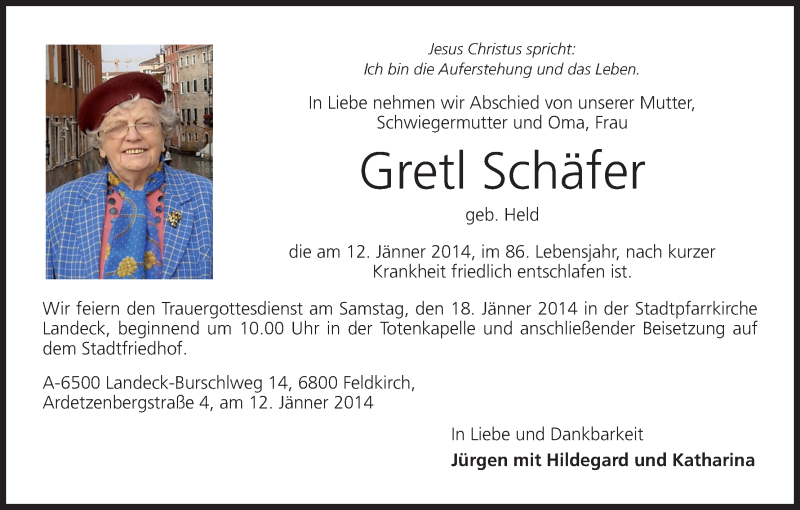  Traueranzeige für Gretl Schäfer vom 17.01.2014 aus MGO