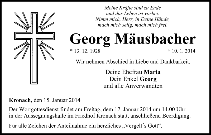  Traueranzeige für Georg Mäusbacher vom 15.01.2014 aus MGO