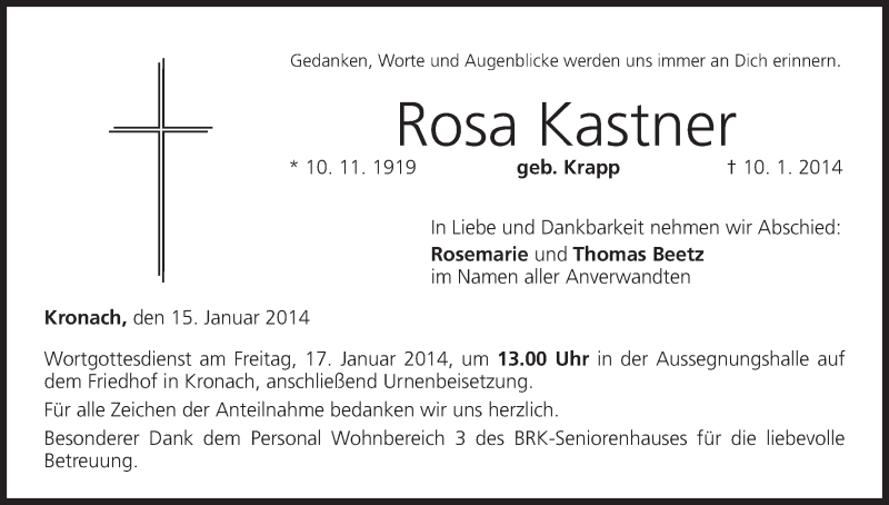  Traueranzeige für Rosa Kastner vom 15.01.2014 aus MGO