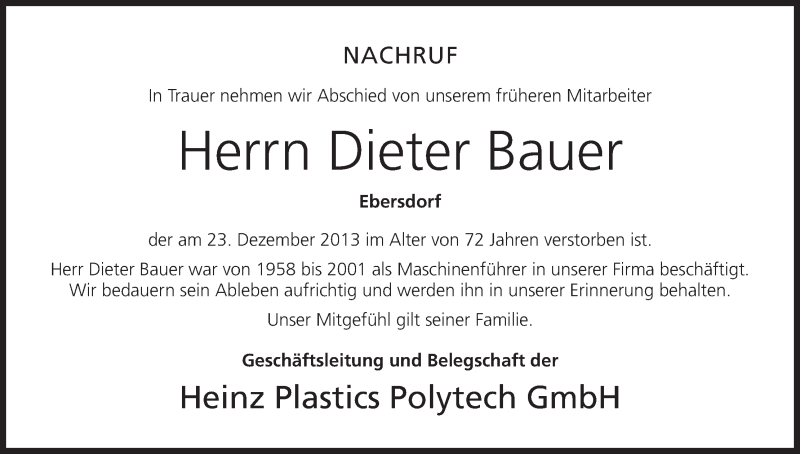  Traueranzeige für Dieter Bauer vom 18.01.2014 aus MGO