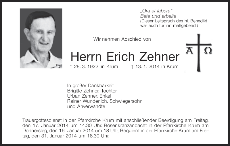  Traueranzeige für Erich Zehner vom 15.01.2014 aus MGO