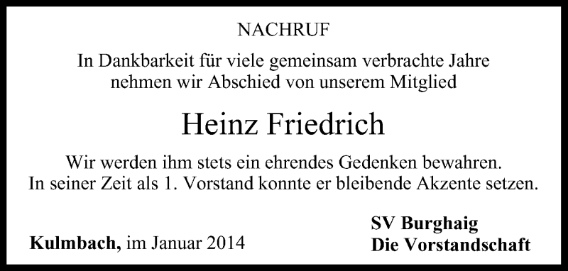  Traueranzeige für Heinz Friedrich vom 15.01.2014 aus MGO