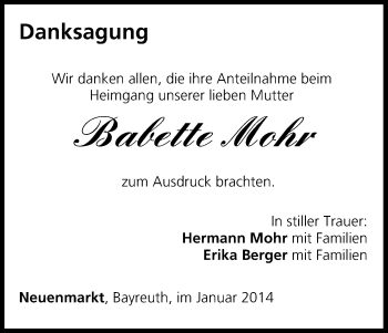 Anzeige von Babette Mohr von MGO