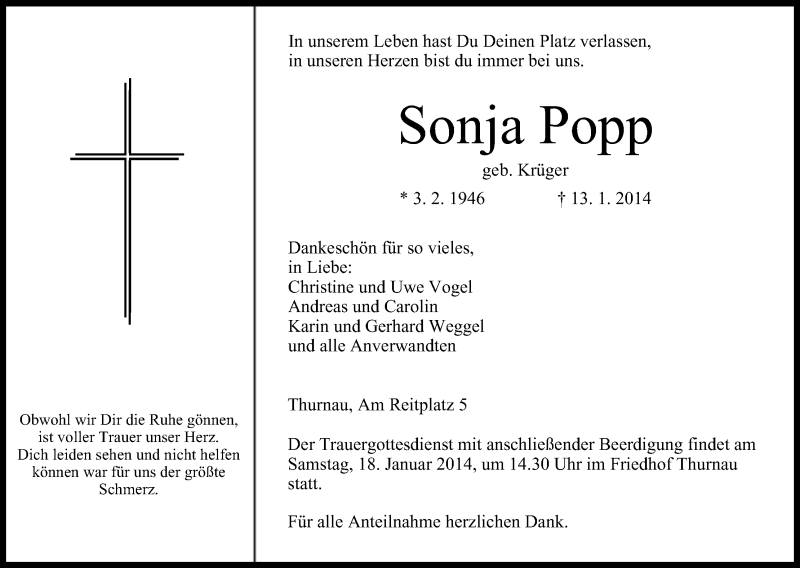  Traueranzeige für Sonja Popp vom 15.01.2014 aus MGO