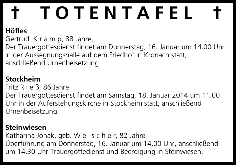  Traueranzeige für Totentafel vom 15.01.2014 vom 15.01.2014 aus MGO