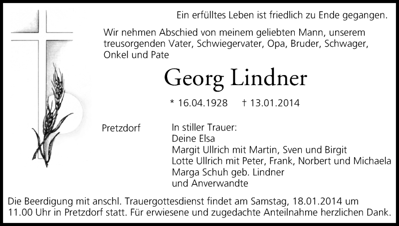  Traueranzeige für Georg Lindner vom 16.01.2014 aus MGO
