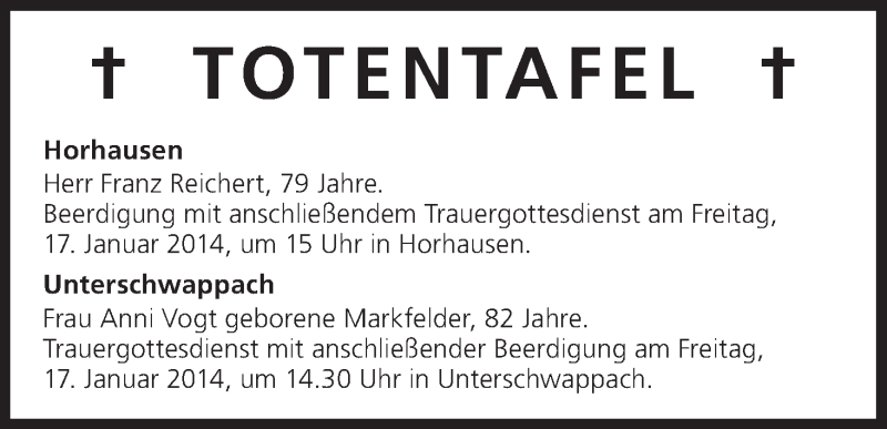  Traueranzeige für Totentafel vom 16.01.2014 vom 16.01.2014 aus MGO