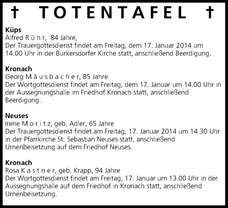  Traueranzeige für totentafel vom 16.01.2014 vom 16.01.2014 aus MGO
