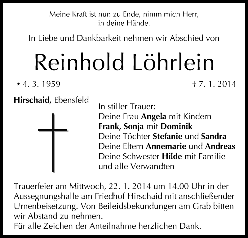  Traueranzeige für Reinhold Löhrlein vom 18.01.2014 aus MGO
