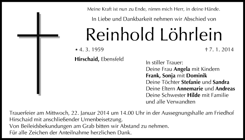  Traueranzeige für Reinhold Löhrlein vom 18.01.2014 aus MGO