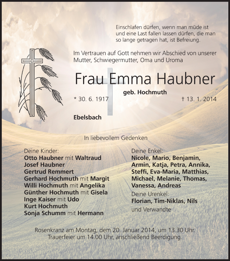  Traueranzeige für Emma Haubner vom 17.01.2014 aus MGO