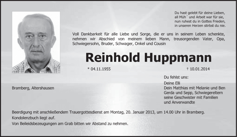  Traueranzeige für Reinhold Huppmann vom 17.01.2014 aus MGO