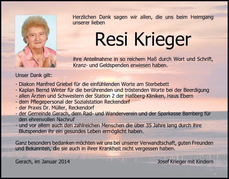  Traueranzeige für Resi Krieger vom 18.01.2014 aus MGO