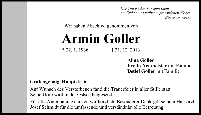  Traueranzeige für Armin Goller vom 18.01.2014 aus MGO