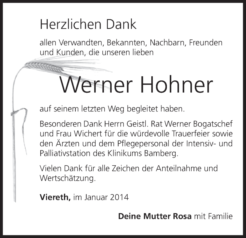  Traueranzeige für Werner Hohner vom 18.01.2014 aus MGO
