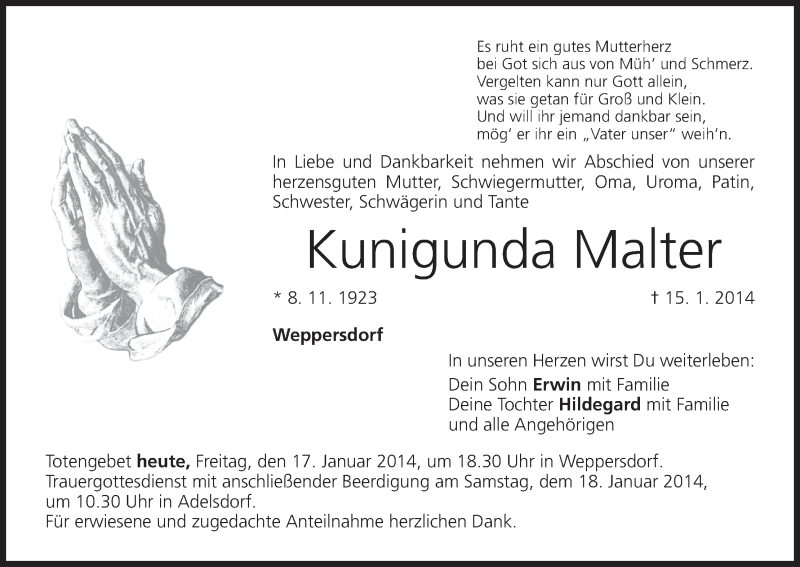  Traueranzeige für Kunigunda Malter vom 17.01.2014 aus MGO