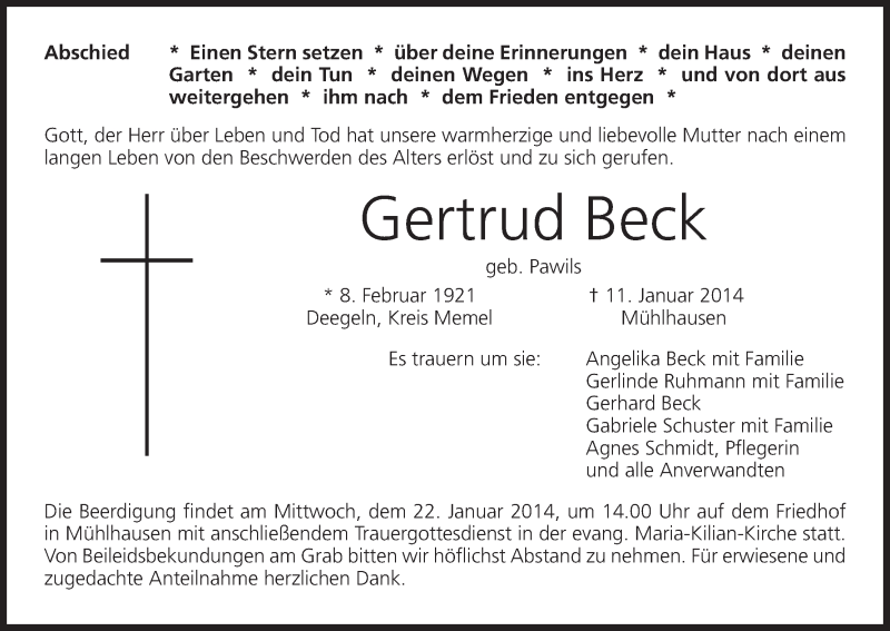  Traueranzeige für Gertrud Beck vom 17.01.2014 aus MGO