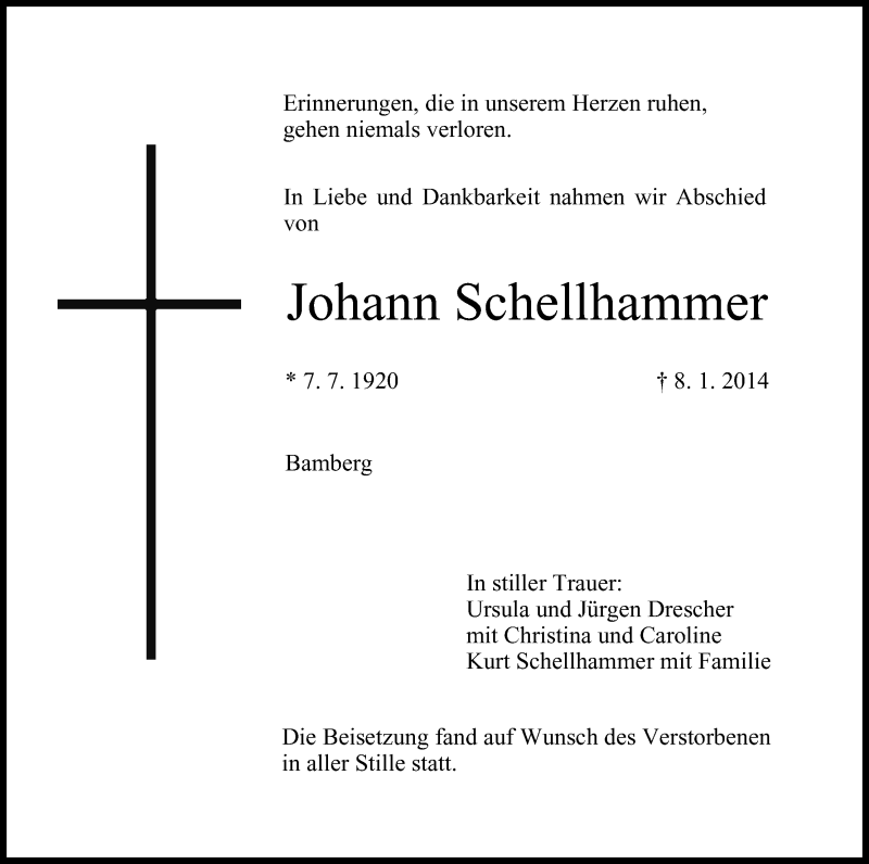  Traueranzeige für Johann Schellhammer vom 18.01.2014 aus MGO