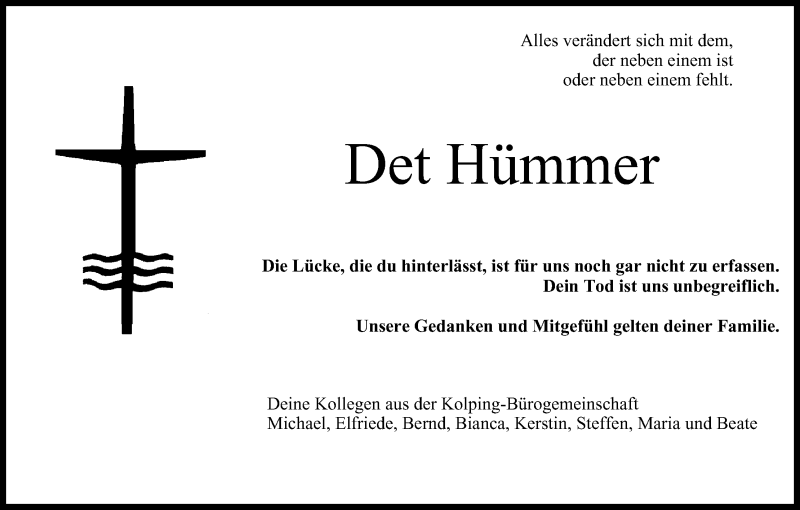  Traueranzeige für Det Hümmer vom 17.01.2014 aus MGO