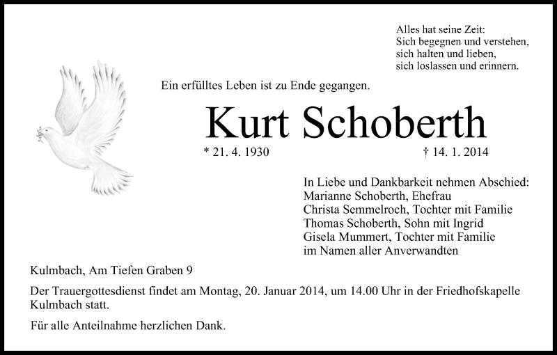  Traueranzeige für Kurt Schoberth vom 17.01.2014 aus MGO